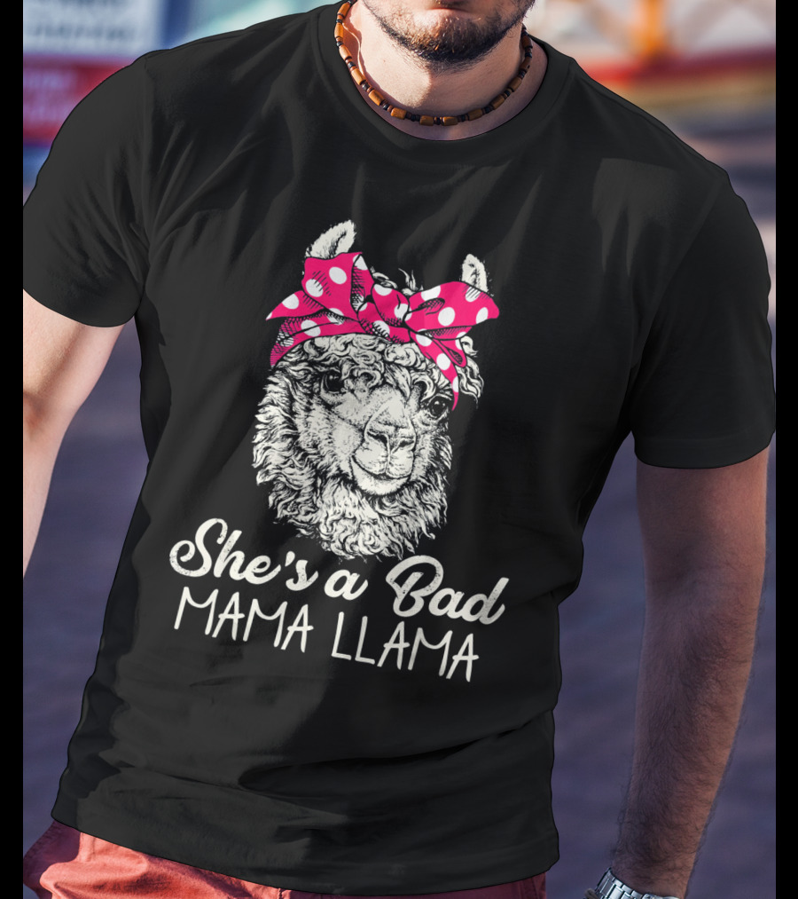 She's A Bad Mama Llama Retro Illustration With Red Polka Dot Headband T-Shirt