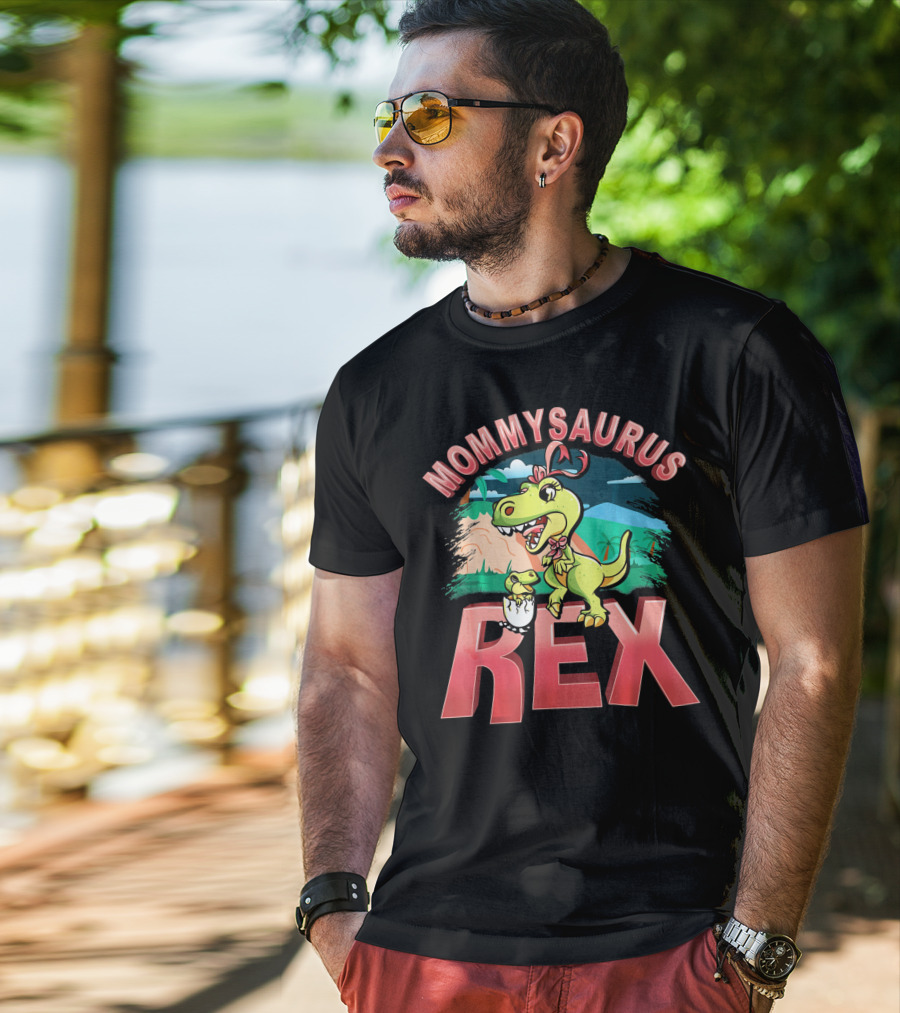 Mommysaurus Rex Dinosaur With Baby Egg In Prehistoric Landscape T-Shirt