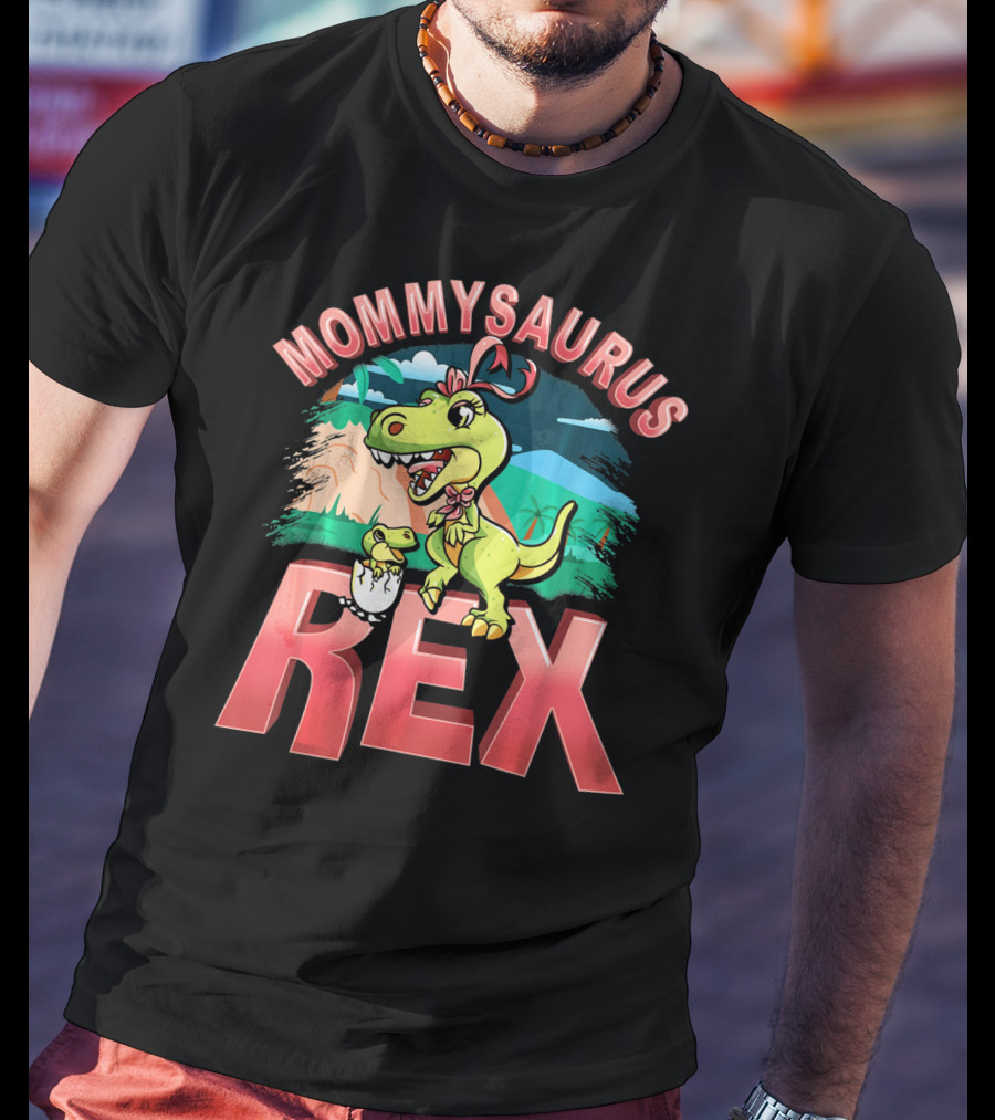 Mommysaurus Rex Dinosaur With Baby Egg In Prehistoric Landscape T-Shirt