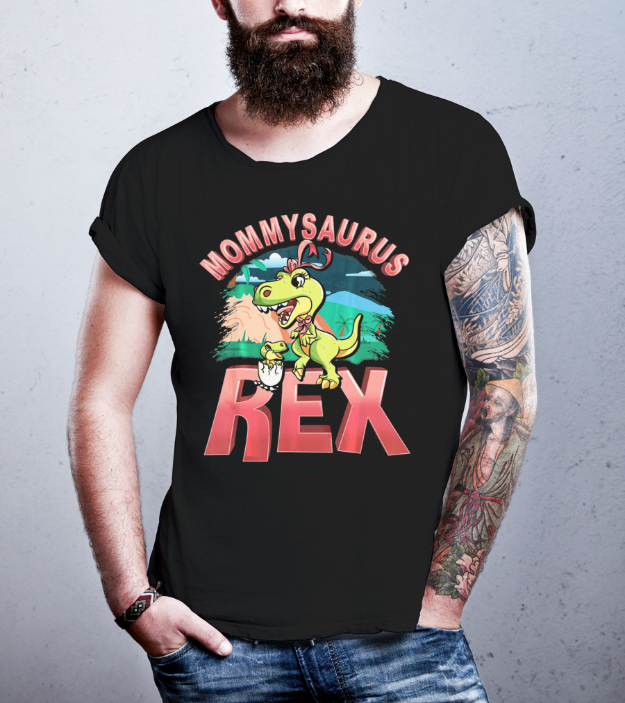 Mommysaurus Rex Dinosaur With Baby Egg In Prehistoric Landscape T-Shirt
