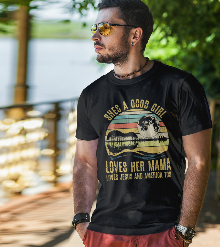 She's A Good Girl Loves Her Mama Loves Jesus And America Too Retro Acoustic Guitar Moon T-Shirt