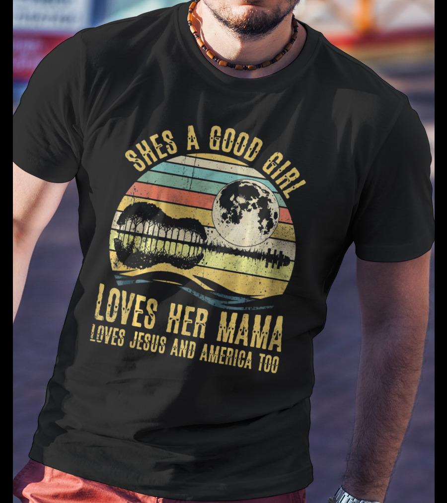 She's A Good Girl Loves Her Mama Loves Jesus And America Too Retro Acoustic Guitar Moon T-Shirt