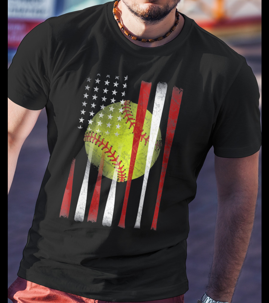 American Flag Vintage Softball Bats Stars Baseball T-Shirt