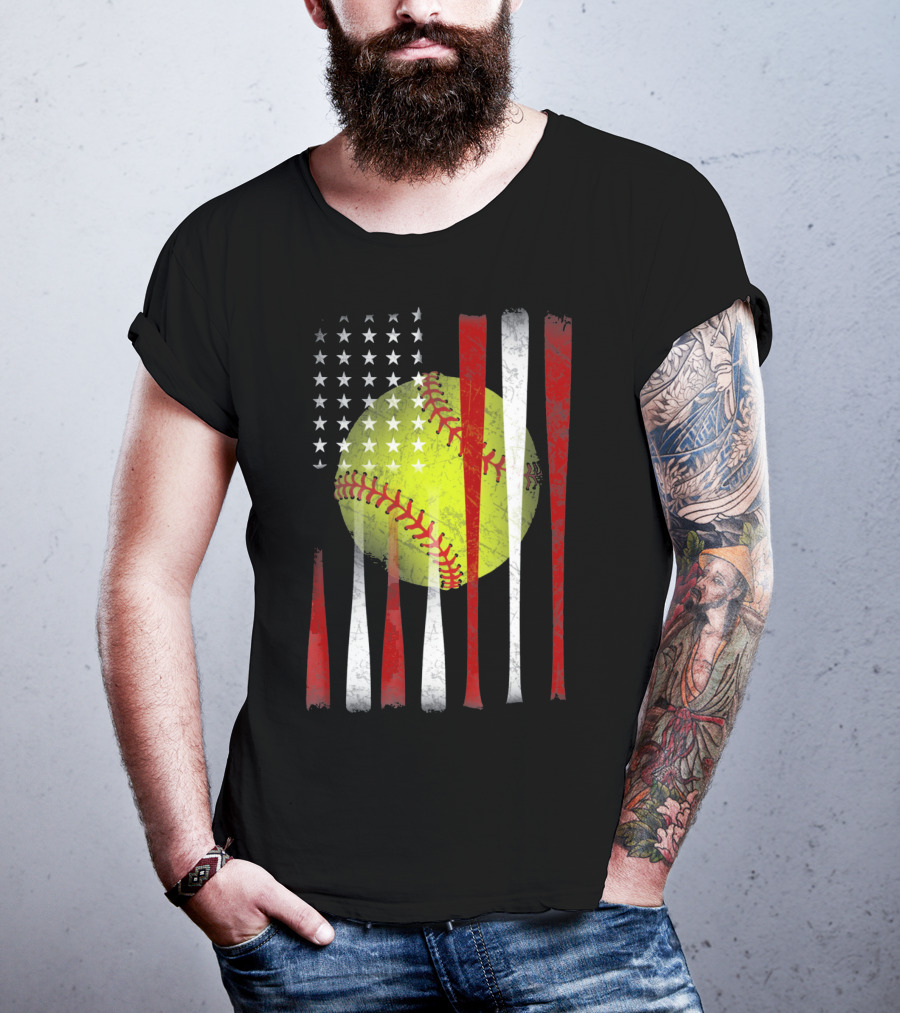 American Flag Vintage Softball Bats Stars Baseball T-Shirt