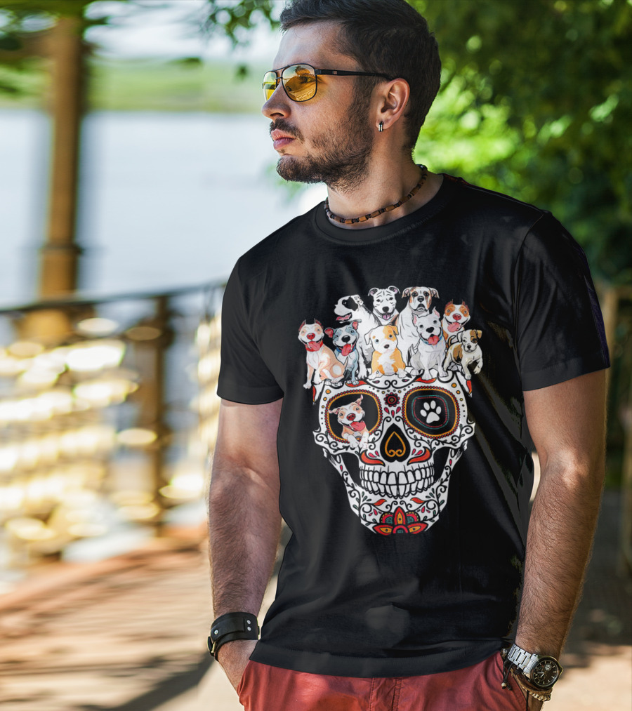 Pitbull Mom Sugar Skull Funny Canine Compilation T-Shirt