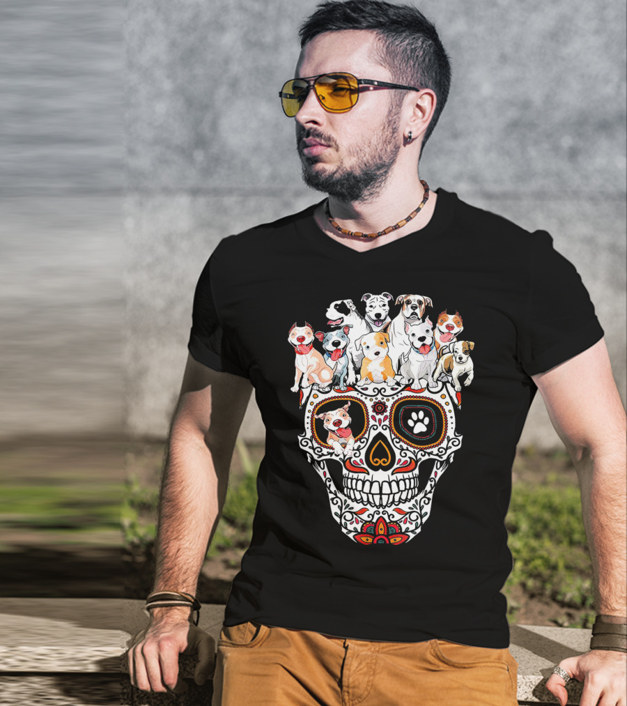 Pitbull Mom Sugar Skull Funny Canine Compilation T-Shirt