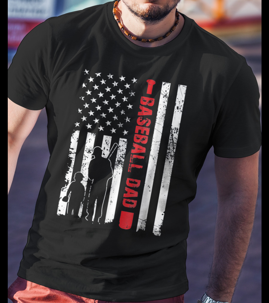 Mens Proud Baseball Dad American Flag Vertical Silhouette And Stars T-Shirt