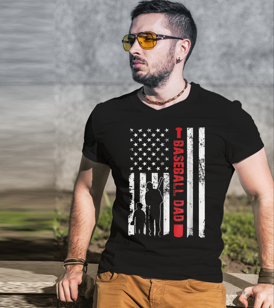 Mens Proud Baseball Dad American Flag Vertical Silhouette And Stars T-Shirt
