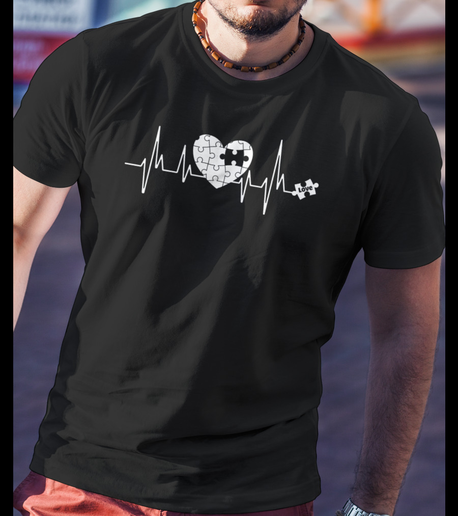 Love Heart Puzzle Autism Awareness Heartbeat T-Shirt