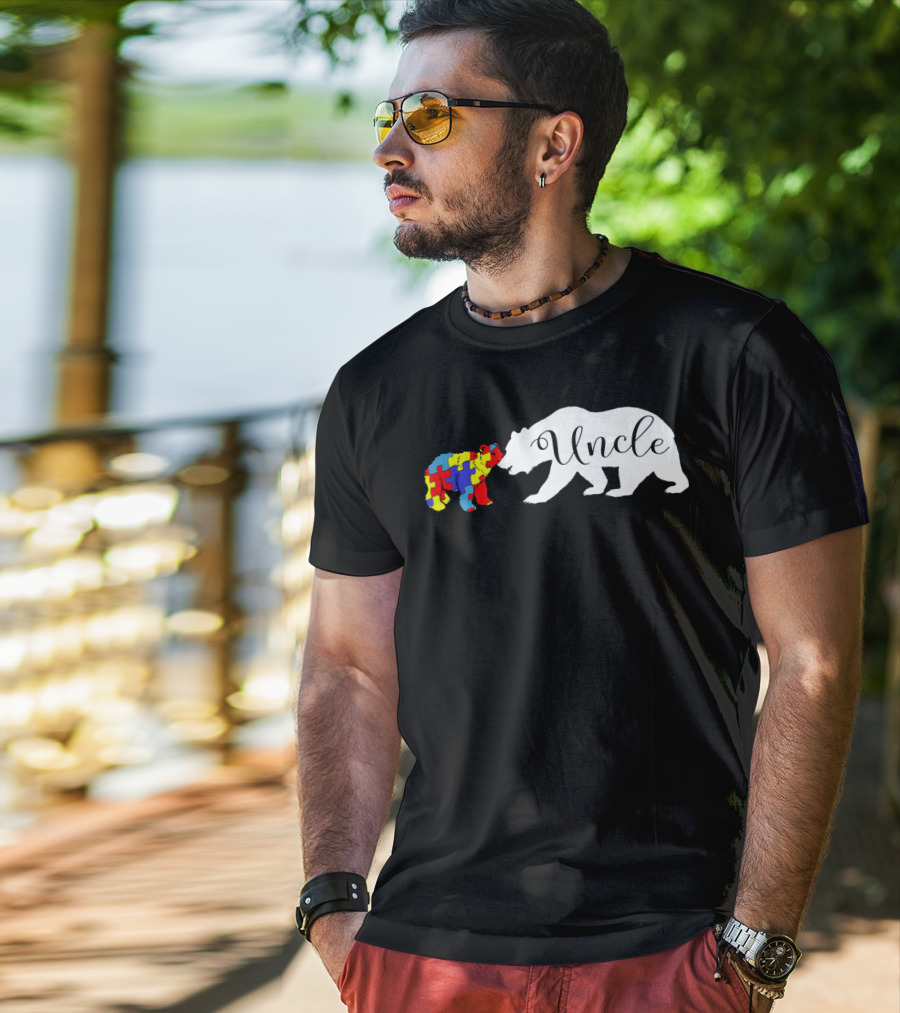 Uncle Bear With Autism Puzzle Bear Design For Awareness Month T-Shirt