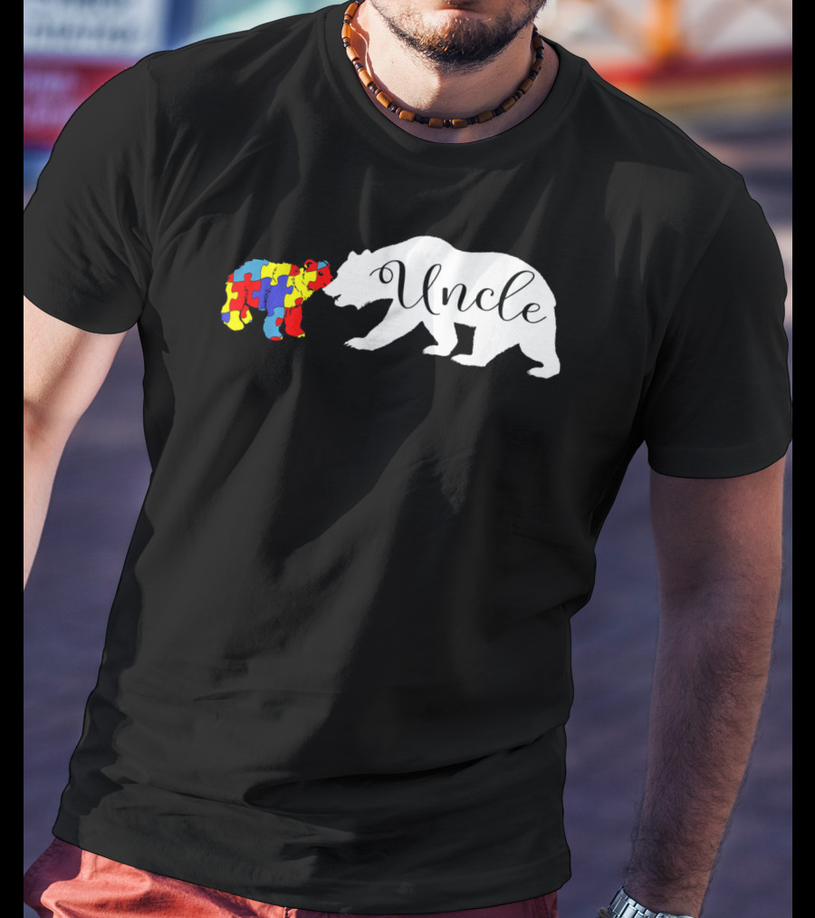Uncle Bear With Autism Puzzle Bear Design For Awareness Month T-Shirt