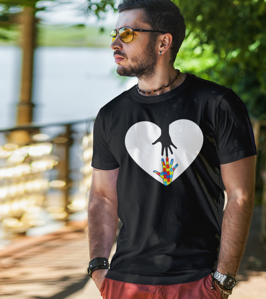 Hand Love Autism Awareness Heart Puzzle Connection T-Shirt