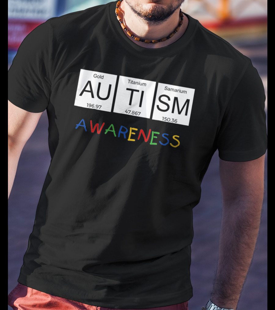 Autism Awareness Gold Titanium Samarium Periodic Table T-Shirt