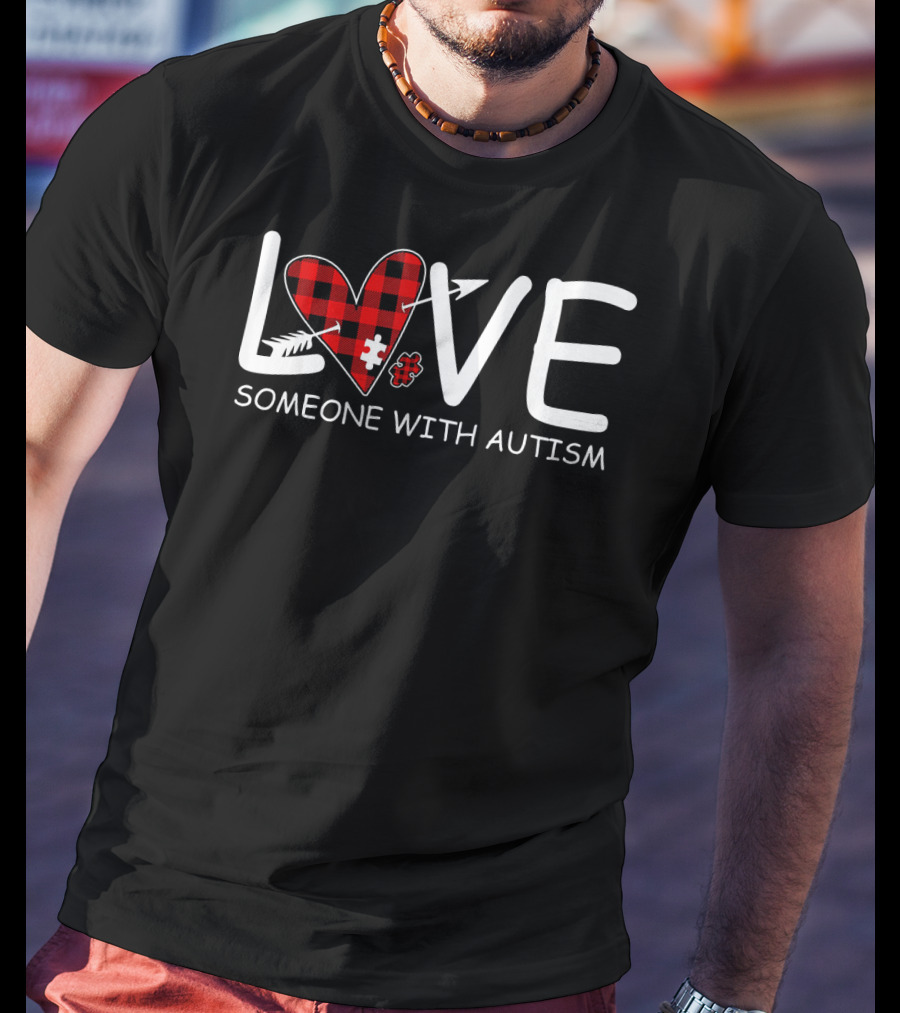 Love Someone With Autism Red Plaid Heart Puzzle Piece T-Shirt