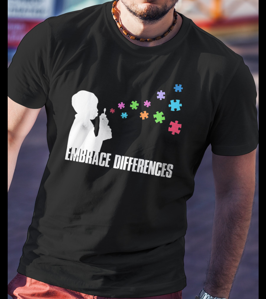 Embrace Differences Support Auti Autism Puzzle Pieces Bubbles T-Shirt