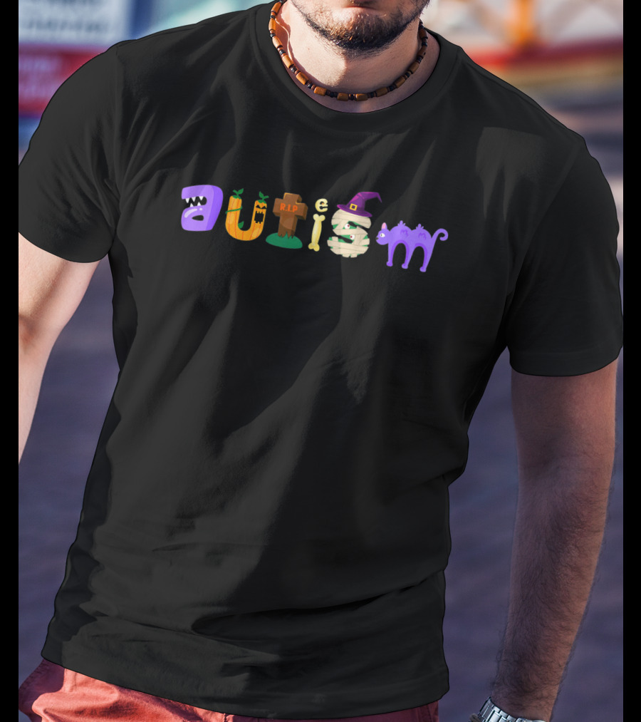 Autism Awareness Halloween Pumpkin Cat Witch Tombstone Bone T-Shirt