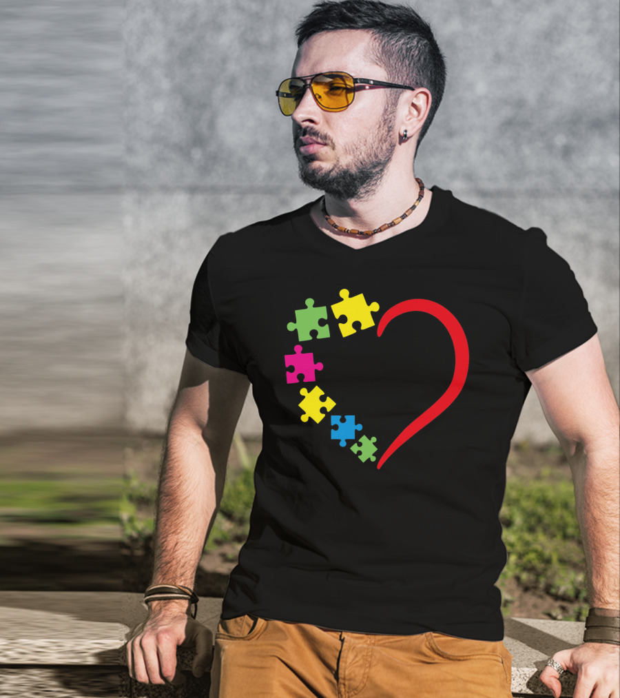 Love Ribbon Heart Puzzle Autism Awareness T-Shirt