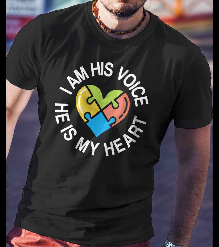I Am His Voice He Is My Heart Autism Awareness Heart Puzzle T-Shirt