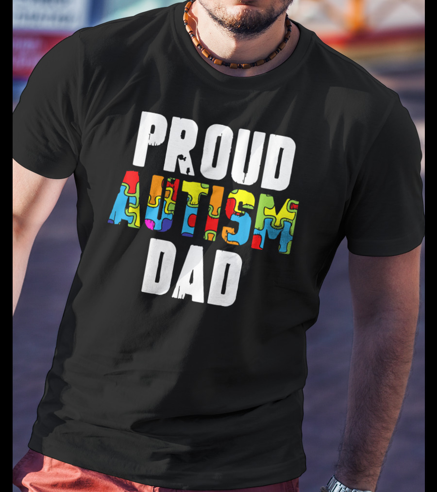 Proud Autism Dad Colorful Puzzle Piece Autism Awareness T-Shirt