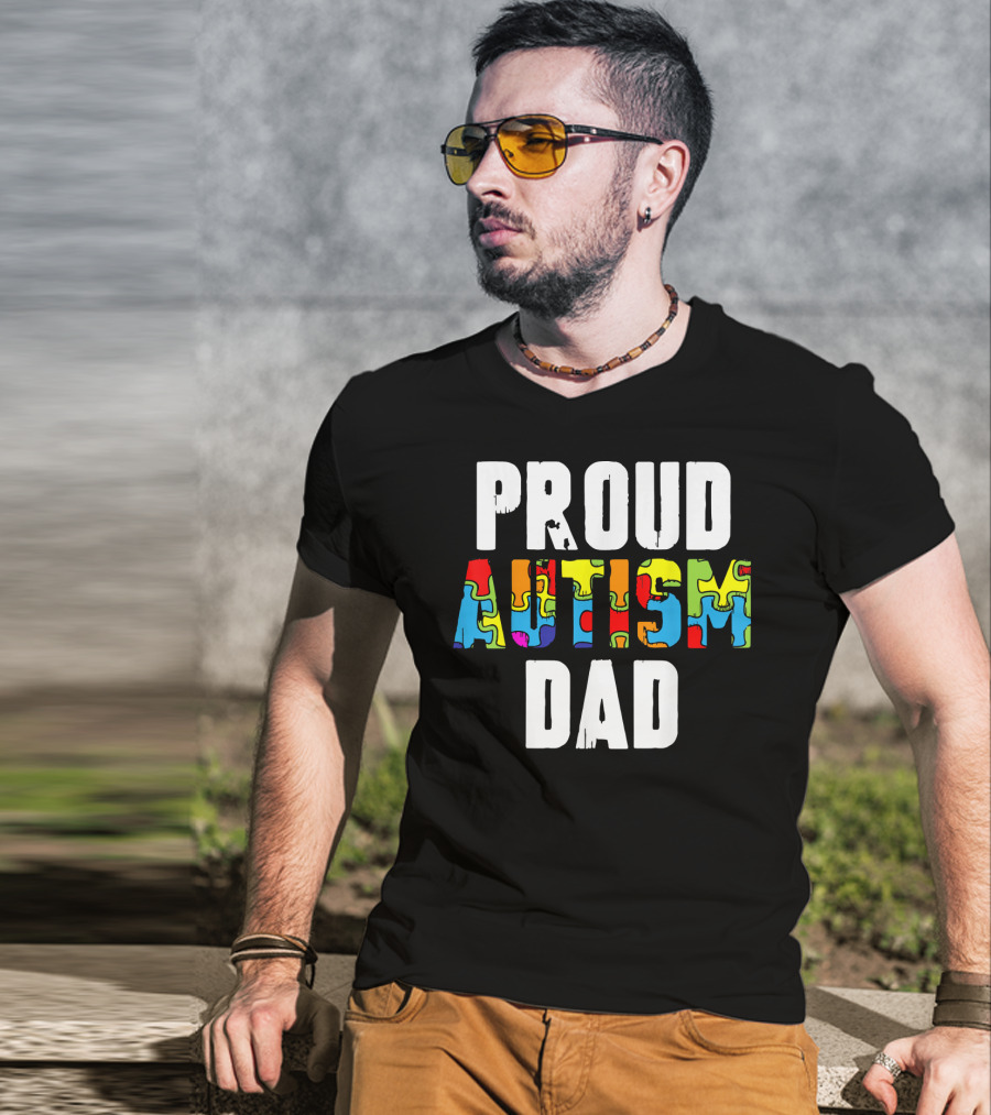 Proud Autism Dad Colorful Puzzle Piece Autism Awareness T-Shirt