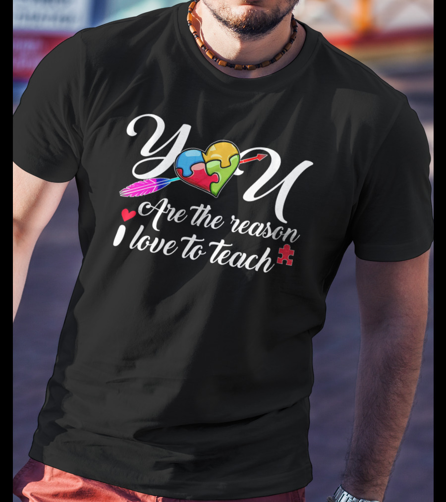 You Are The Reason I Love To Teach Autism Puzzle Heart Arrow Feathers T-Shirt