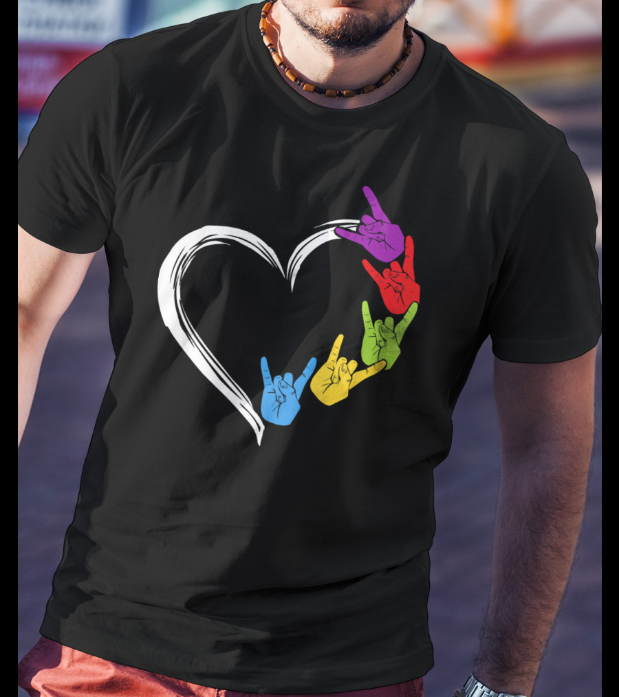 Kids Heart Love Colorful Hand Sign Language Rock T-Shirt