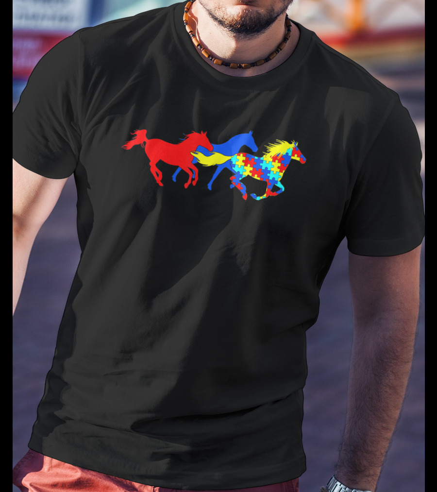 Autism Awareness Colorful Puzzle Horses Running T-Shirt