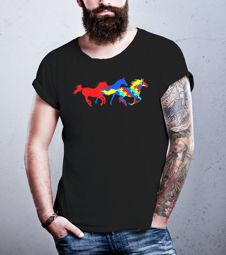 Autism Awareness Colorful Puzzle Horses Running T-Shirt