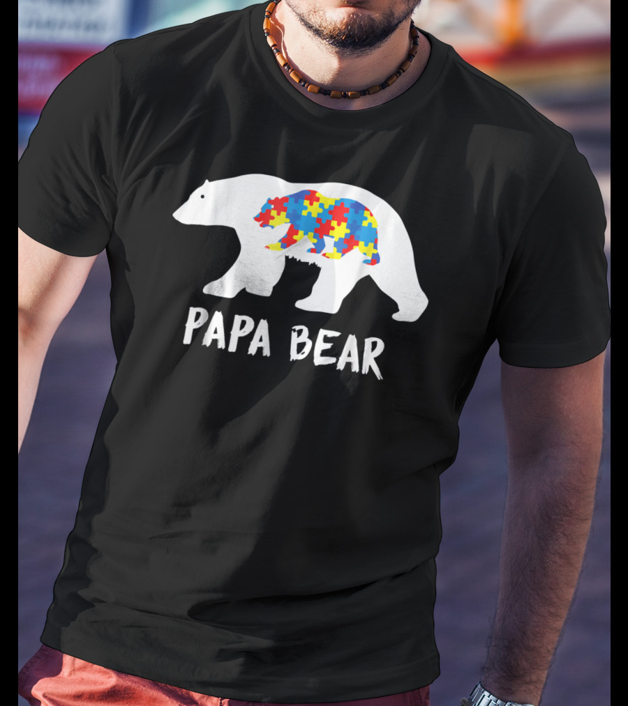 Papa Bear White Bear With Puzzle Bear Autism T-Shirt
