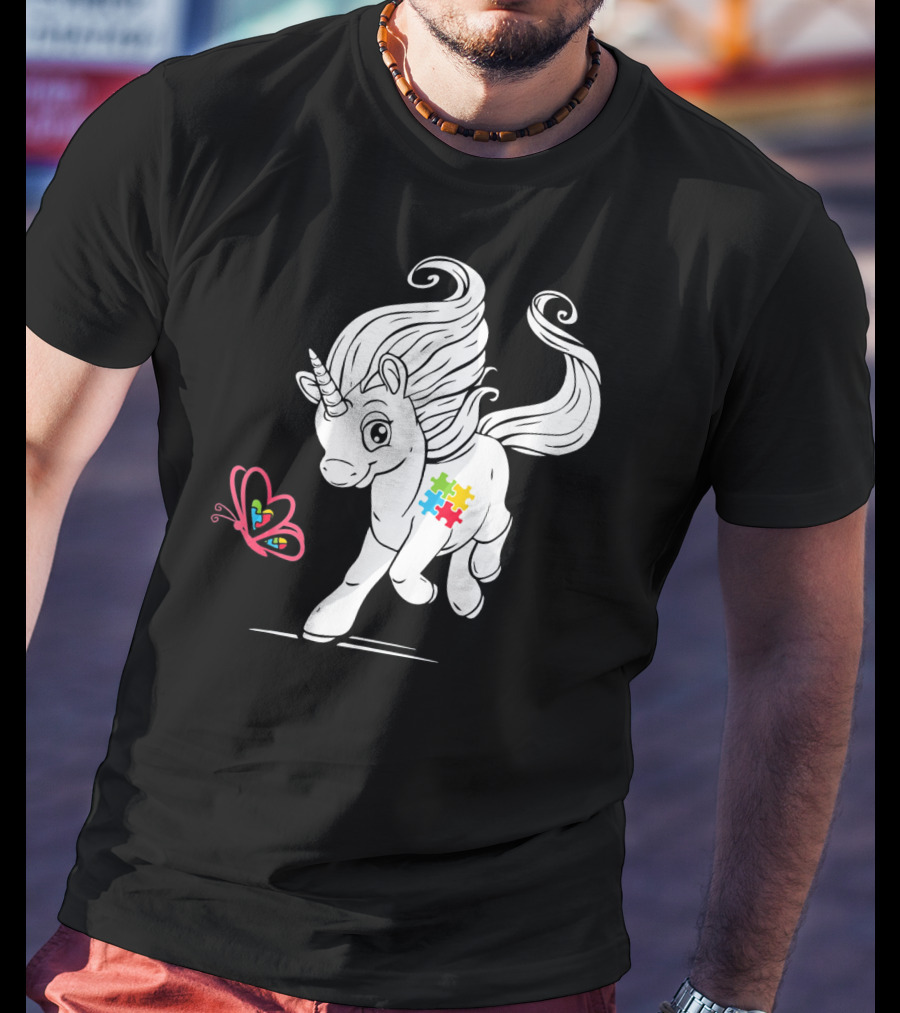 Unicorn Butterfly Autism Puzzle Awareness T-Shirt