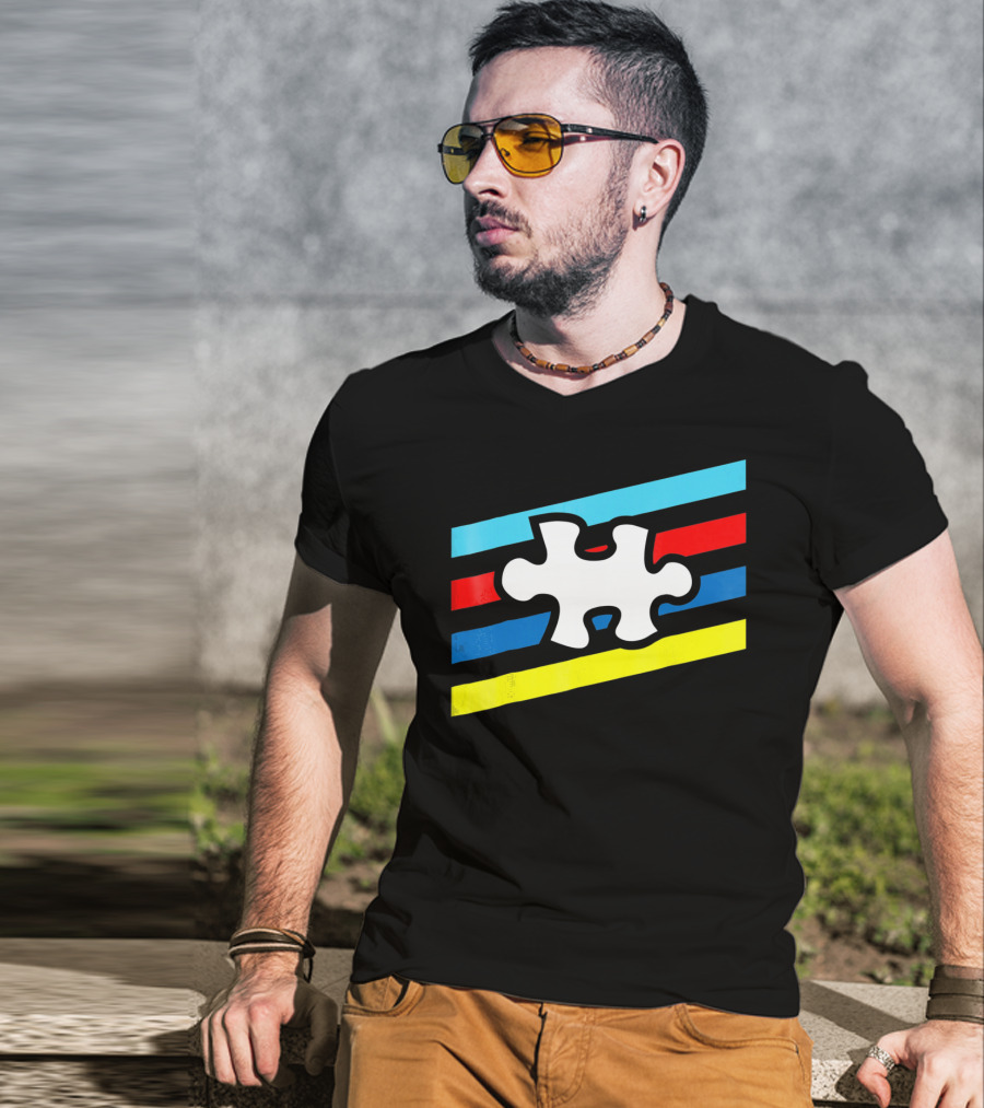 Autism Puzzle Piece Colorful Stripes T-Shirt