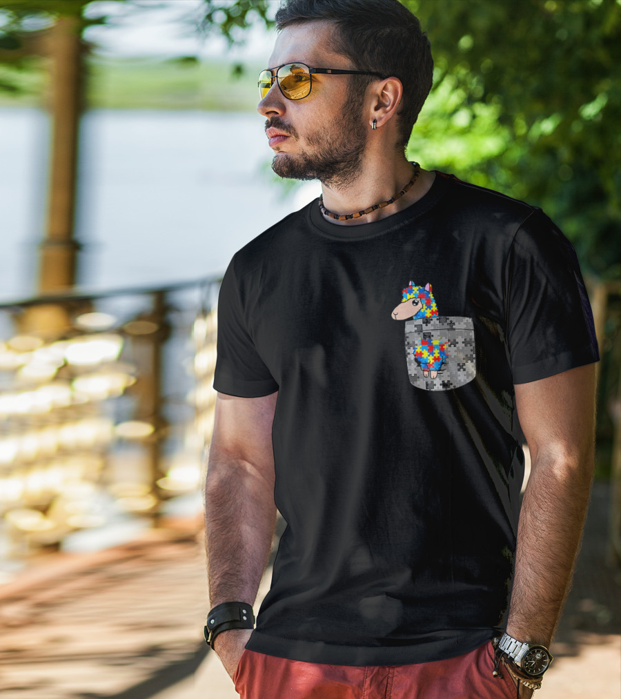 Funny Puzzle Pocket Llama Autism Awareness T-Shirt
