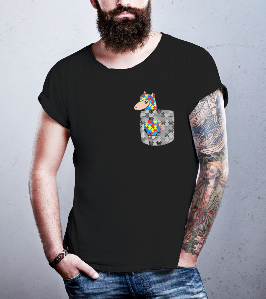 Funny Puzzle Pocket Llama Autism Awareness T-Shirt