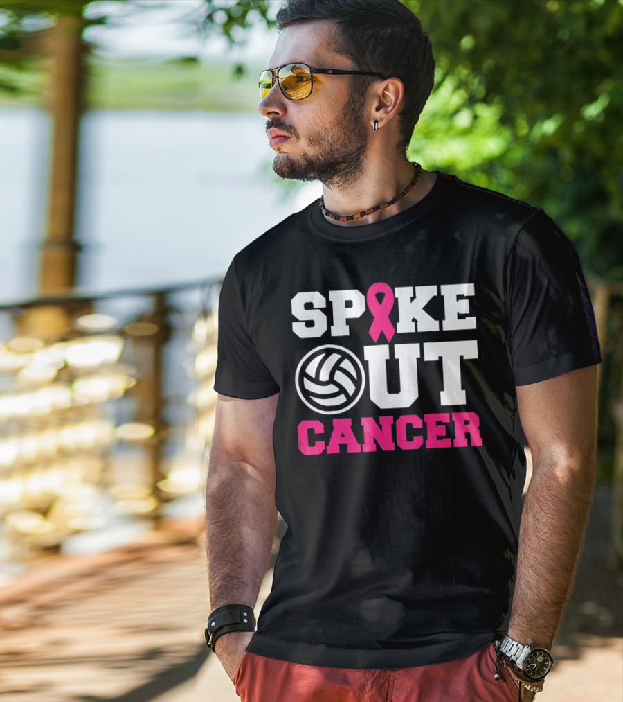 Volleyball Spike Out Cancer Pink Ribbon Breast Cancer Awareness T-Shirt