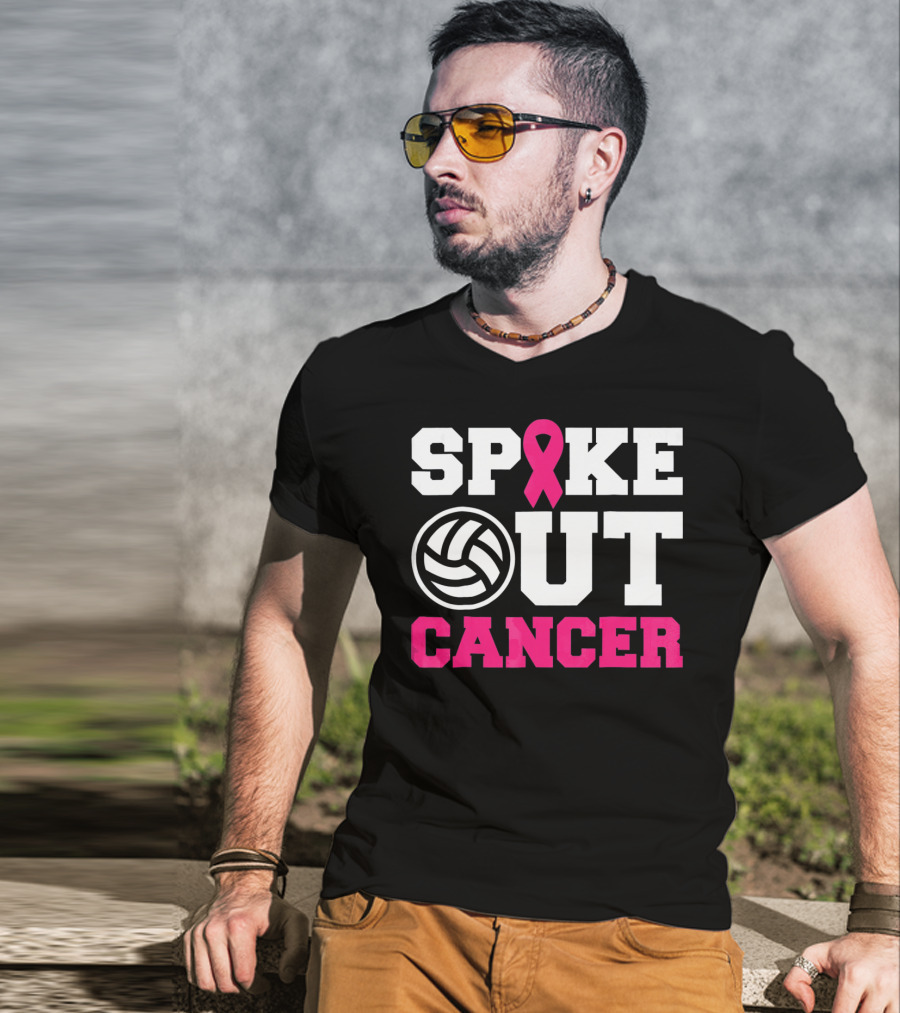 Volleyball Spike Out Cancer Pink Ribbon Breast Cancer Awareness T-Shirt