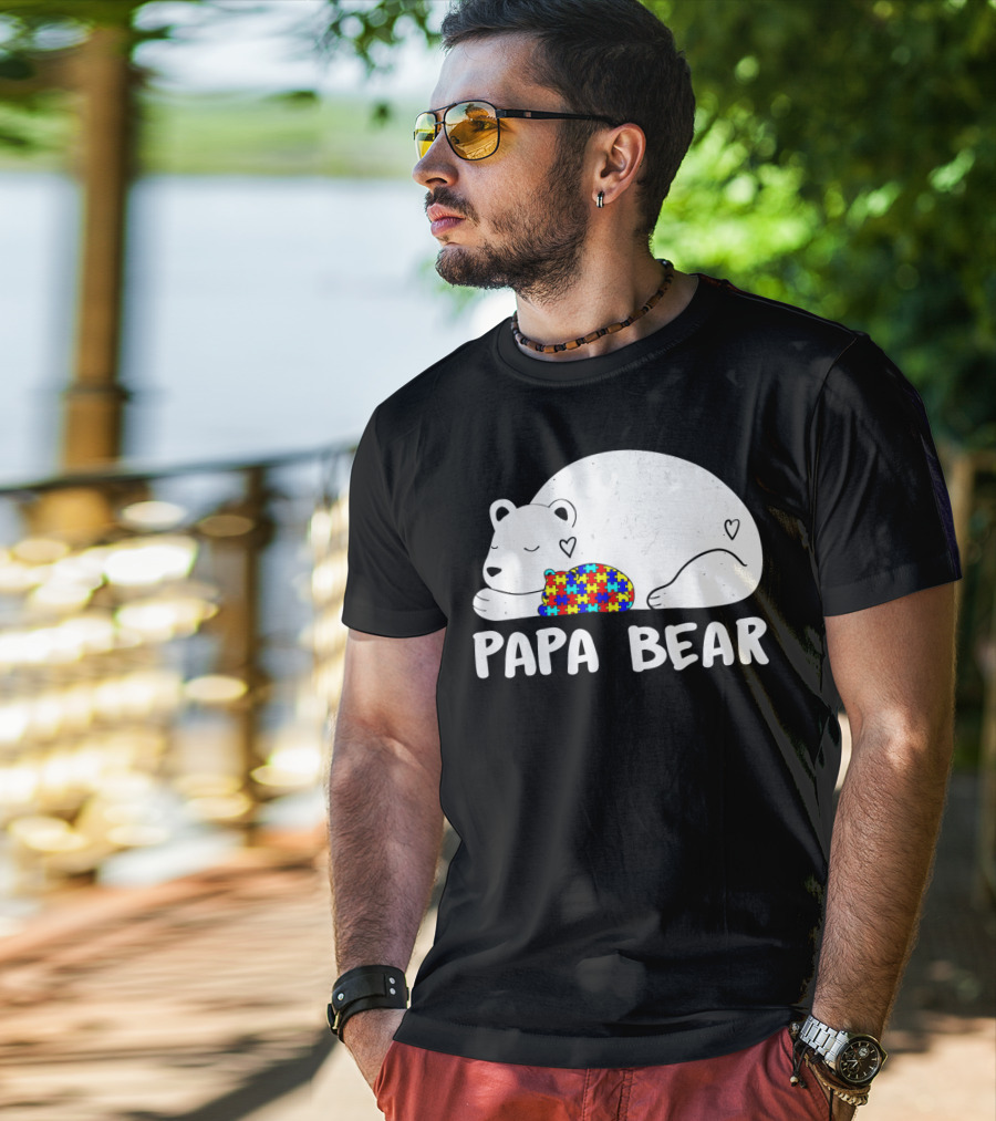 Papa Bear Autism Awareness Puzzle Heart T-Shirt
