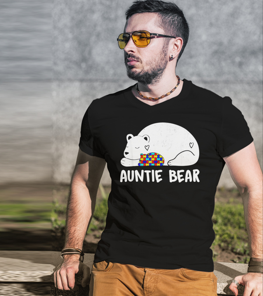 Auntie Bear Autism Awareness Puzzle Heart T-Shirt