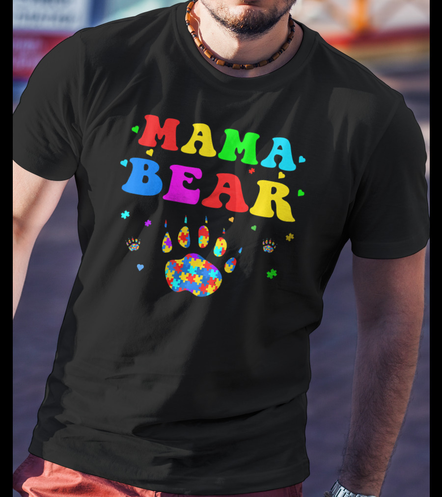 Mama Bear Autism Awareness Paw Puzzle Pieces T-Shirt