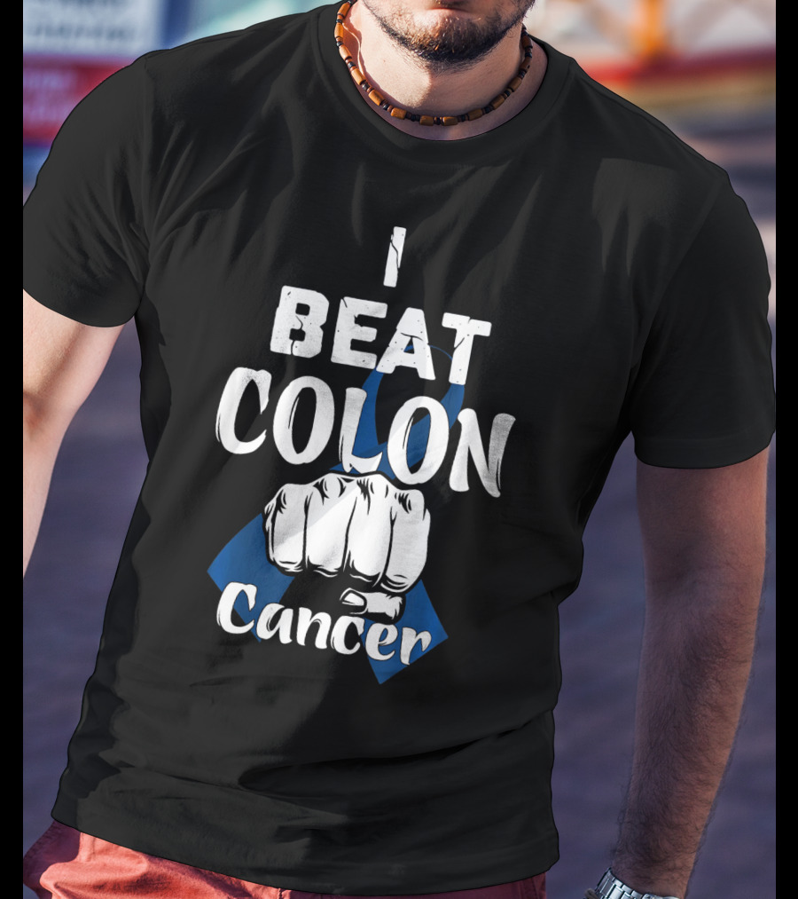 I Beat Colon Cancer Fist Blue T-Shirt