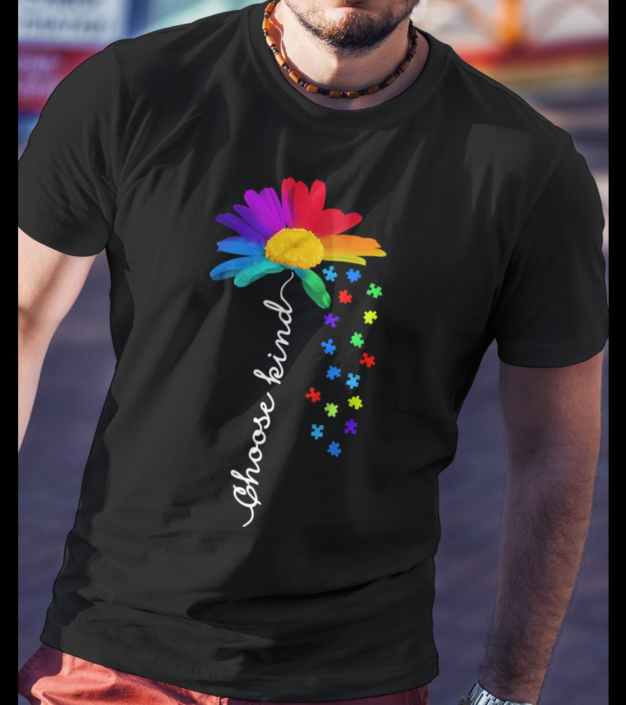 Choose Kind Autism Awareness Rainbow Daisy Puzzle Pieces T-Shirt