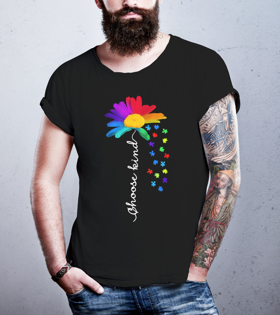 Choose Kind Autism Awareness Rainbow Daisy Puzzle Pieces T-Shirt