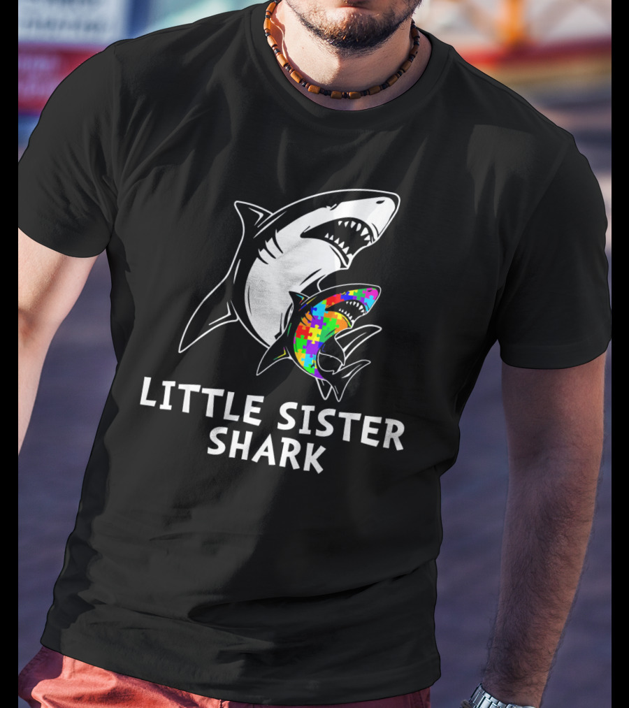 Little Sister Shark Autism Puzzle Awareness T-Shirt