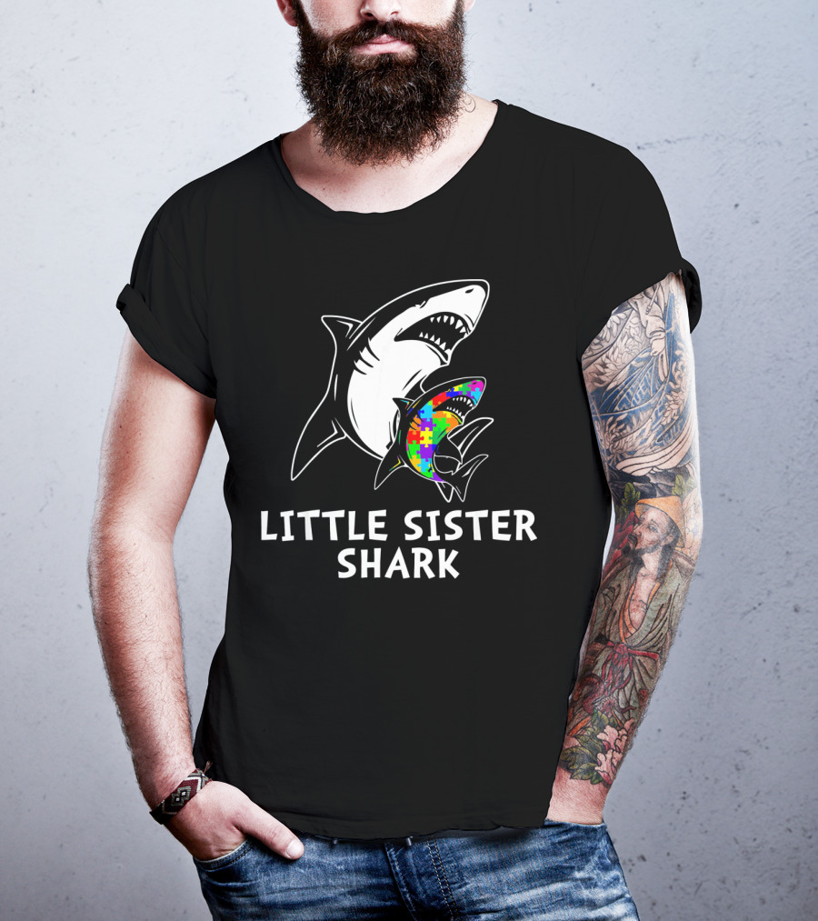 Little Sister Shark Autism Puzzle Awareness T-Shirt