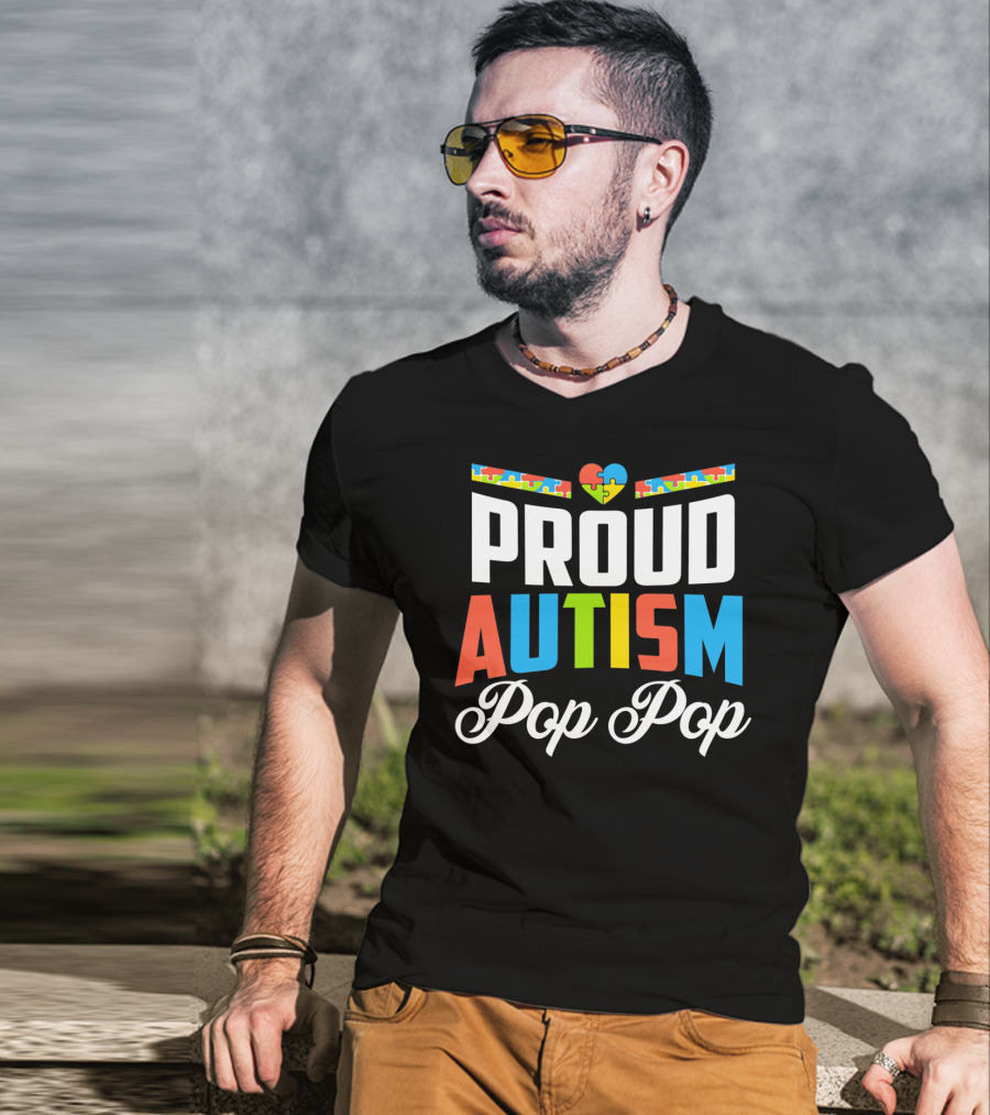 Proud Autism Pop Pop Puzzle Heart Awareness Support T-Shirt