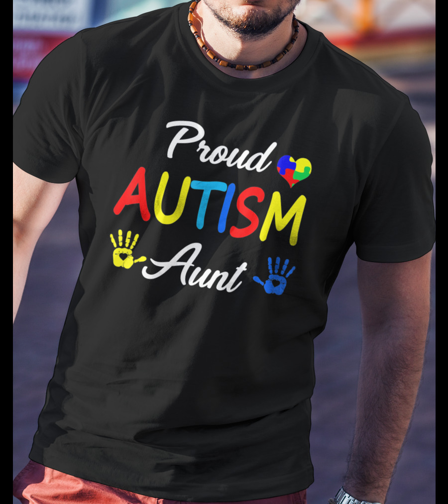 Proud Aunt Autism Awareness Family Handprint Heart Puzzle T-Shirt