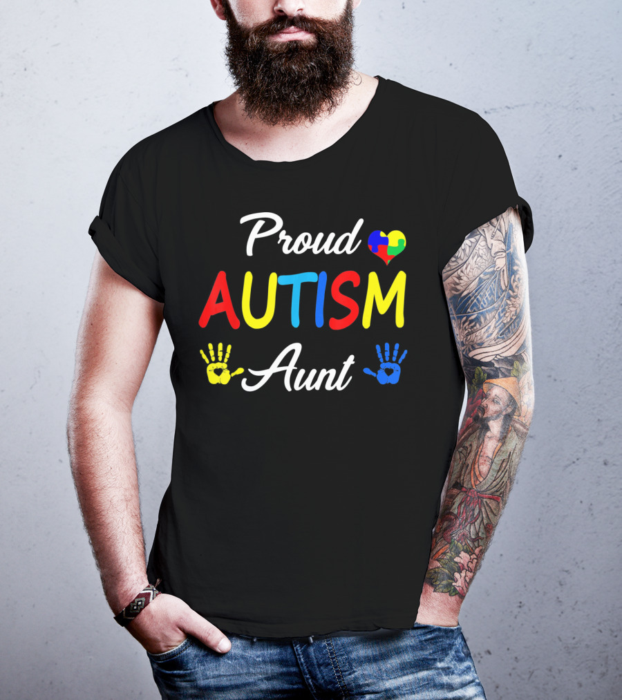 Proud Aunt Autism Awareness Family Handprint Heart Puzzle T-Shirt