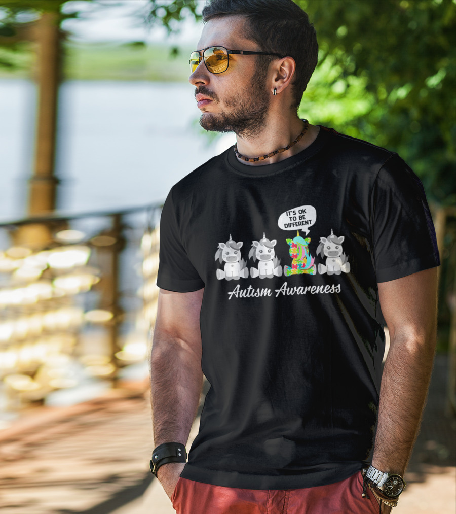 Autism Awareness Unicorn It's OK To Be Different With Puzzle Piece T-Shirt