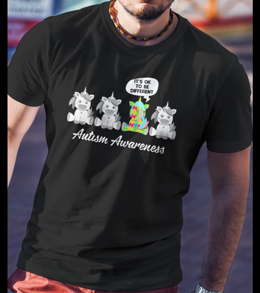 Autism Awareness Unicorn It's OK To Be Different With Puzzle Piece T-Shirt