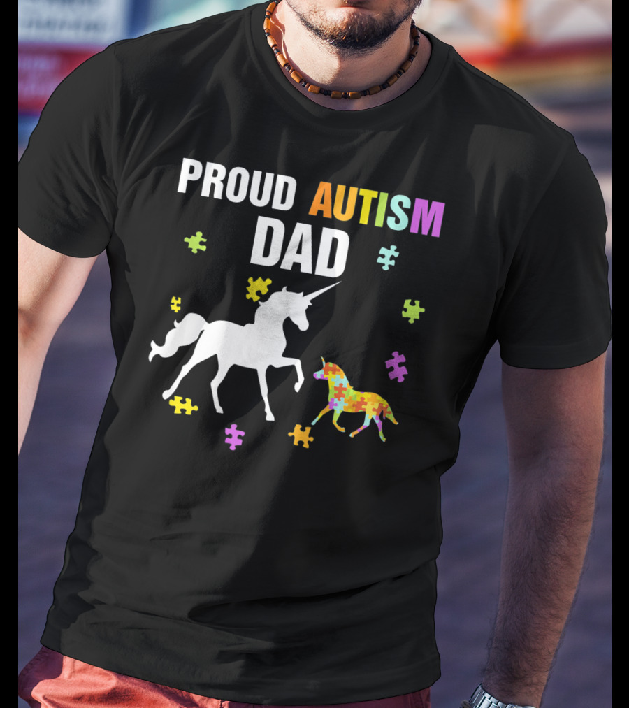 Proud Autism Dad Unicorn Puzzle Autism Awareness T-Shirt