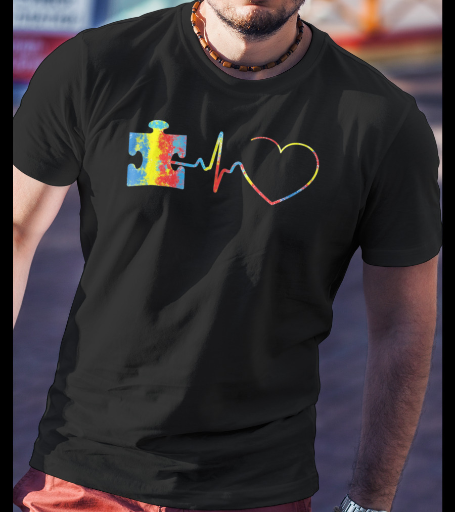 Autism Awareness Puzzle Piece With Colorful Heartbeat Line T-Shirt